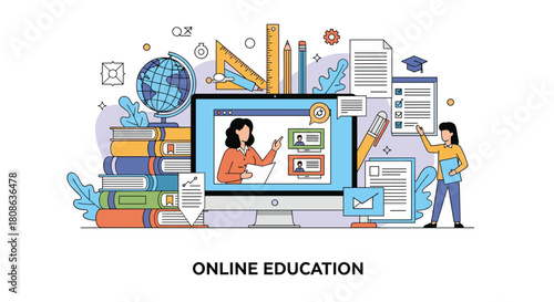 Illustration of online education with books, a computer, and students learning on a platform.