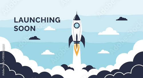 Launching soon graphic featuring a rocket ascending into a cloudy sky.