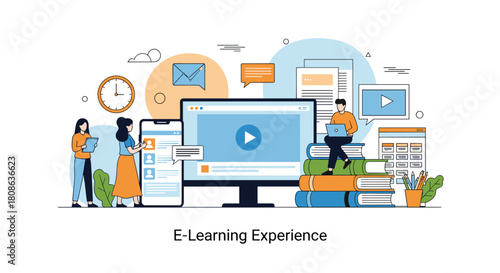 Illustration of an e-learning experience with people using digital devices and stacked books.