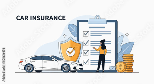 Illustration of car insurance concept with checklist, shield, coins, and a person.