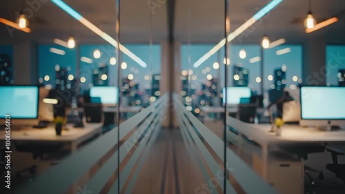 Office Workspaces Seen Through Glass Doors in Empty Open Space Room