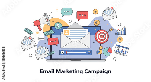 Illustration of email marketing campaign with laptop, envelopes, money, and target.