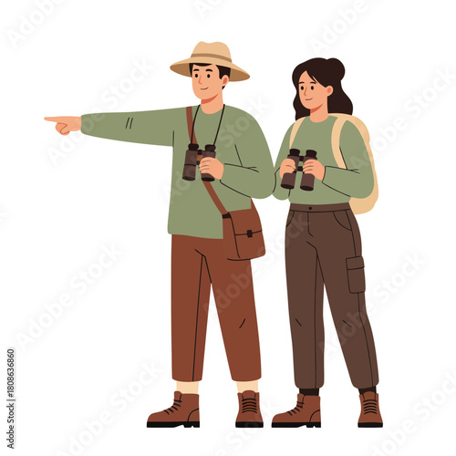 a couple hiking with backpacks and binoculars