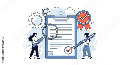 Two people reviewing and signing a document with a magnifying glass and pen.