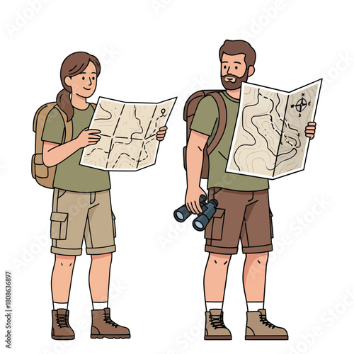 a couple hiking with backpacks and binoculars