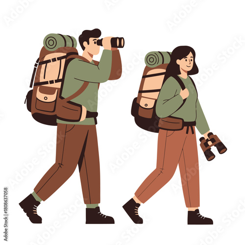 a couple hiking with backpacks and binoculars