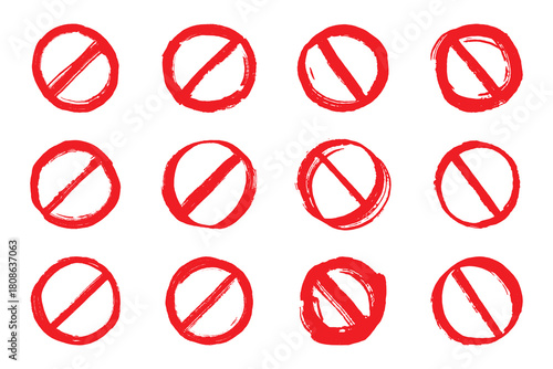 Set of hand drawn prohibition sign No entry symbol Red circle with cross line clipart in doodle style Ban Restriction Forbidden stop Single element for print, web, design