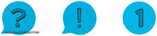 Three blue speech bubbles with question mark, exclamation point and number one isolated on transparent background