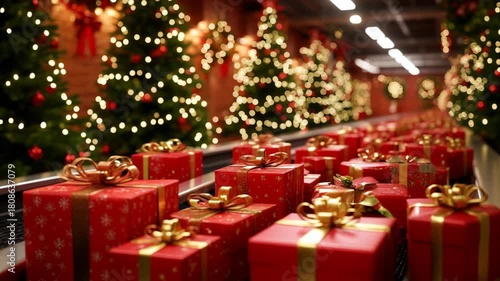 Santa's bustling workshop with an endless conveyor belt of red gift boxes tied with gold ribbons, twinkling lights and decorated trees creating a magical holiday scene big christmas New Year sale