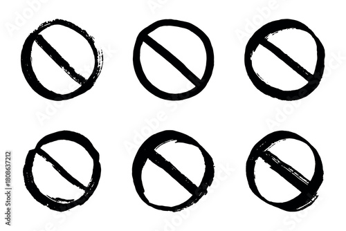 Set of hand drawn prohibition sign No entry symbol Black circle with cross line clipart in doodle style Ban Restriction Forbidden stop Single element for print, web, design