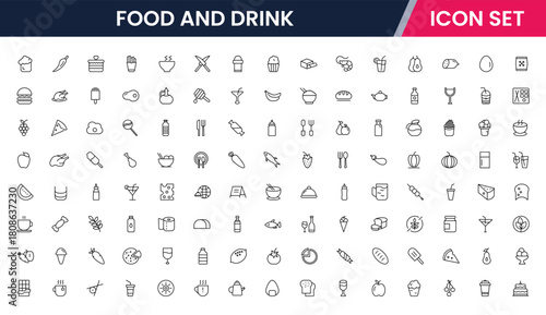 Food and drink web icons in line style. Meal, restaurant, dishes, fruits, fast food, burger, pizza, coffee, sandwich, collection. Vector illustration.