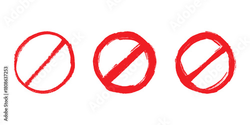 Set of hand drawn prohibition sign No entry symbol Red circle with cross line clipart in doodle style Ban Restriction Forbidden stop Single element for print, web, design