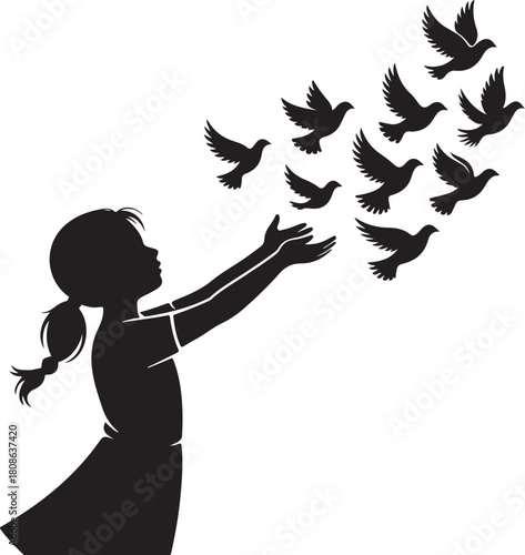 Girl releasing birds freedom silhouette icon