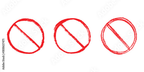Set of hand drawn prohibition sign No entry symbol Red circle with cross line clipart in doodle style Ban Restriction Forbidden stop Single element for print, web, design