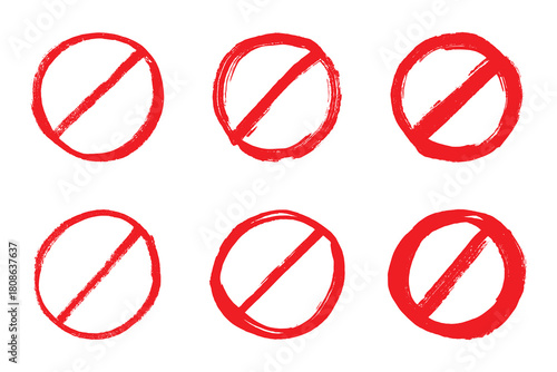 Set of hand drawn prohibition sign No entry symbol Red circle with cross line clipart in doodle style Ban Restriction Forbidden stop Single element for print, web, design