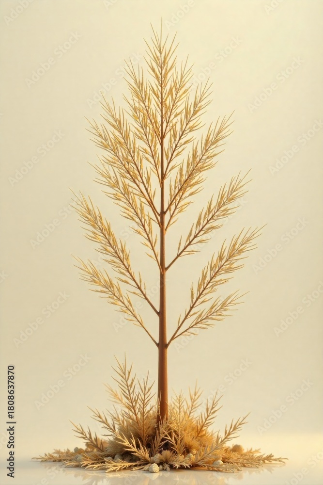 Fototapeta premium Conceptual representation of a thriving investment portfolio through a flourishing abstract plant with metallic leaves. An abstract, stylized plant with a strong stem and flourishing branches,