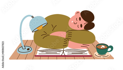 Vector illustration flat cartoon scene with boy or man asleep over book at desk, character sleeping, large textbook, coffee mug and lamp, cozy study moment, reading, self care and slow living themes
