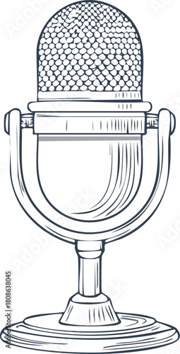 A vintage microphone with a metal retro audio body is isolated on a white background, a classic sound equipment symbol for music and voice recordings