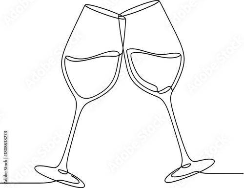 Minimalist continuous line drawing of two wine glasses clinking together