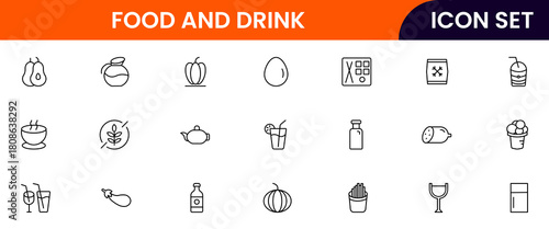 Food and drink web icons in line style. Meal, restaurant, dishes, fruits, fast food, burger, pizza, coffee, sandwich, collection. Vector illustration.