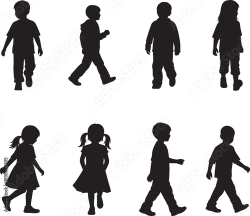 Little Kids Walking School Children Silhouette Vector Set