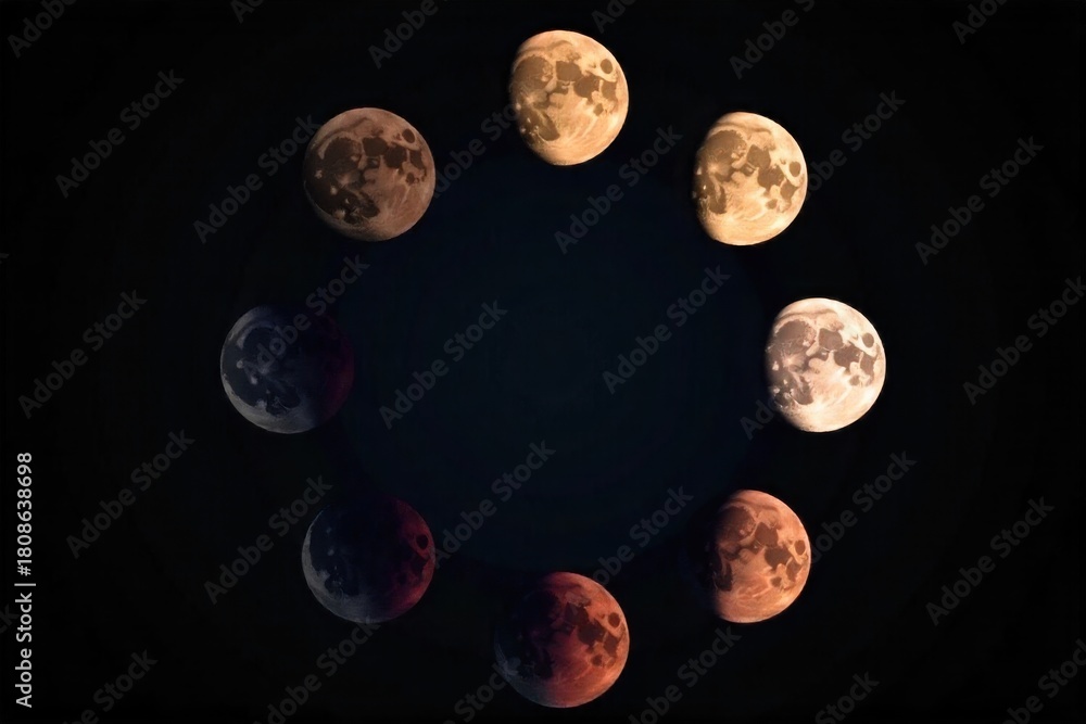 Obraz premium Stylized moon phase cycle in a dark, abstract background A stylized, minimalist graphic showing the full cycle of moon phases as perfect circles arranged in a flow against a deep, abstract dark