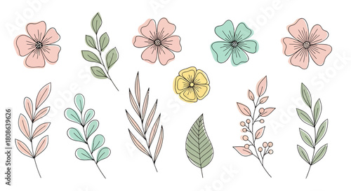 Delicate botanical floral elements featuring stems, leaves, and soft pastel flowers for nature-themed decorative design.