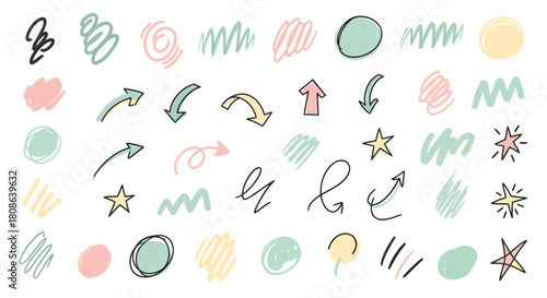 Pastel arrow and symbol set including directional icons, markers, and playful indicators for creative navigation design.