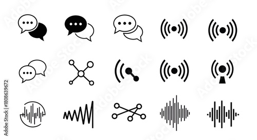 Minimal wireless communication icons including WiFi signals, antennas, and network connectivity symbols for tech design.