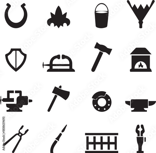 Blacksmith tools icon set in silhouette style featuring forge equipment, metalworking symbols, and traditional craftsmanship elements