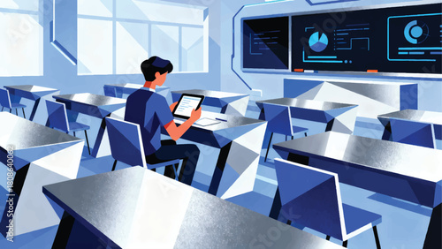 Illustration Of Students Using Laptops For Digital Learning In A Modern School Vector Design Template