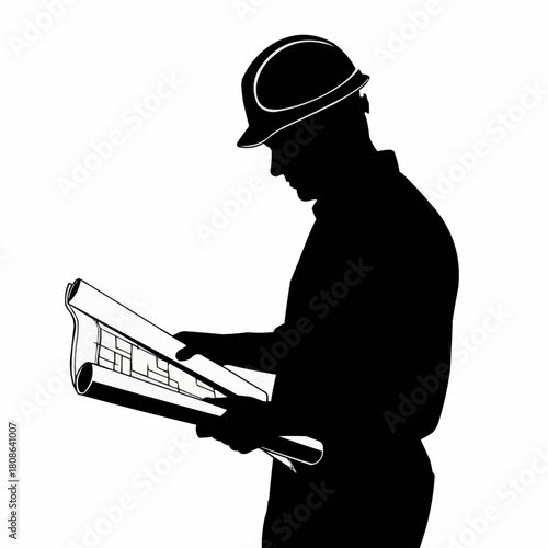 Silhouette of an architect or engineer reviewing blueprints on a construction site.