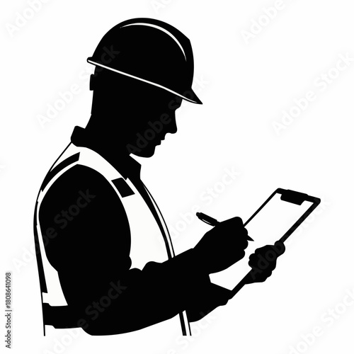 Construction Worker Inspecting with Clipboard Silhouette.