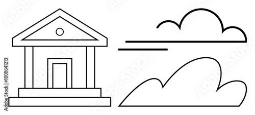 Classical building facade with triangular pediment, door, and two clouds. Ideal for themes thumbs up education, stability, government, culture, law environment creativity. Simple flat metaphor