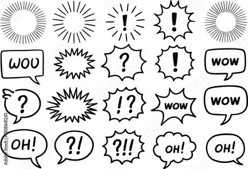 Hand-drawn black and white comic style speech bubbles with text and symbols vector