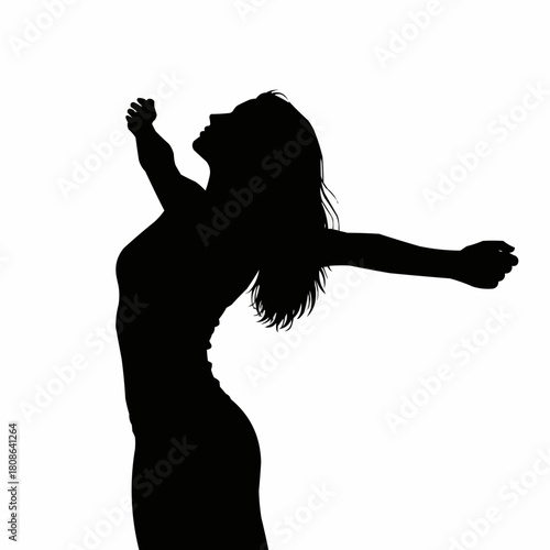 Black silhouette of a woman with arms outstretched in freedom.