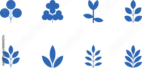 Set of eight stylized blue plant and leaf icons on white vector illustration