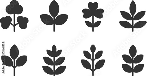 Set of eight stylized dark gray plant and leaf icons on white vector illustration