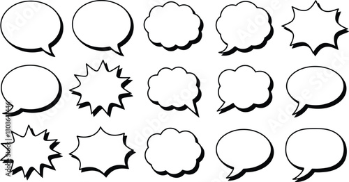 Variety of Black Outlined Speech Bubbles and Starburst Shapes comic dialogue