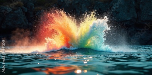 Close up of turbulent water crashing against sheer mountain rock face, creating intricate spray patterns. Extreme close up of turbulent, high pressure water crashing violently against a sheer,