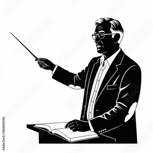 A distinguished professor in glasses giving an educational lecture.