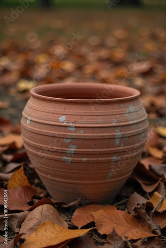 Terracotta pot with a distressed, antique finish, cracked glaze texture, on a pile of dry leaves, autumn mood. A terracotta pot exhibiting a heavily distressed, antique finish with a visibly cracked