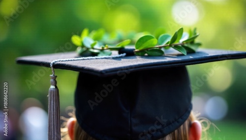 Graduation Cap and Diploma Unfurled with Books and Laurel Wreath A close up, top down view of a black graduation cap with a tassel. Next to it, a rolled parchment diploma tied with a ribbon and a