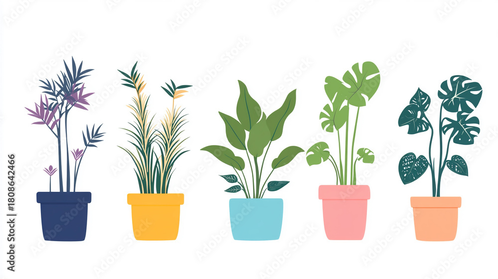 Fototapeta premium Houseplants in pots in a bright flat vector scene. Minimal design and fresh color palette create a modern feel