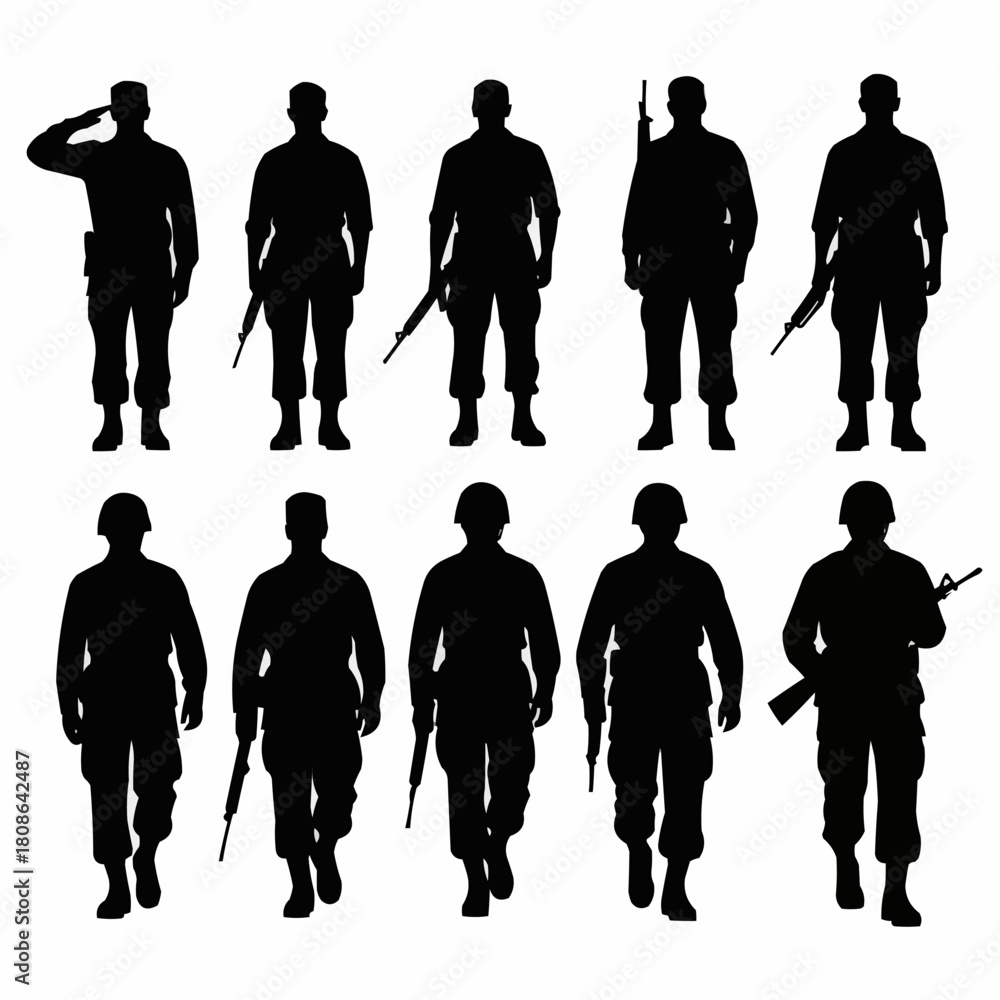 Naklejka premium Set of ten military soldier silhouettes in various combat poses.