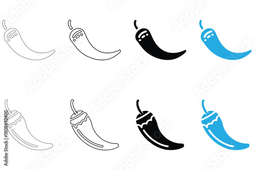 hot chili pepper icon set, spicy chili pepper vector silhouette and line art