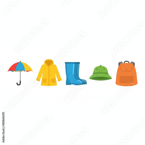 Colorful rainy day gear collection Umbrella, raincoat, boots, hat, and backpack in a row