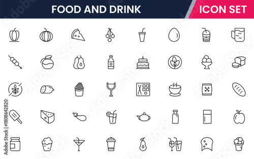 Food and drink web icons in line style. Meal, restaurant, dishes, fruits, fast food, burger, pizza, coffee, sandwich, collection. Vector illustration.