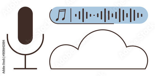 Microphone next to soundwave with musical note above cloud. Ideal for podcasting, voice technology, audio streaming, cloud services, music creation, data storage, simple flat metaphor