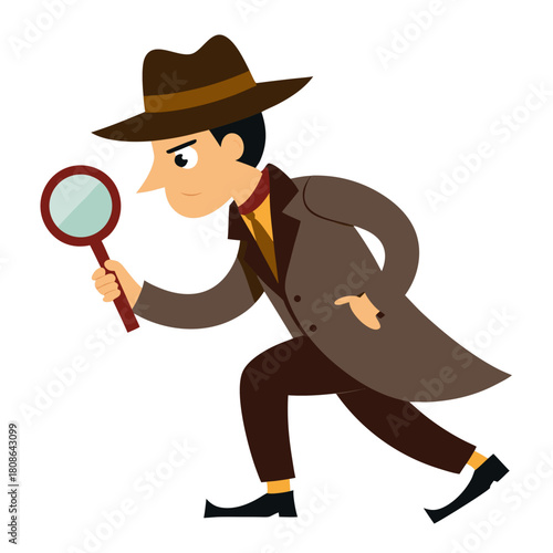 Vintage Cartoon Detective Searching with Magnifying Glass 